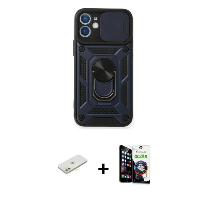 MARSİLYAN™- iPhone 12 Mini Kılıf Ahenk Klasik - Şeffaf Temperli Cam Ekran Koruyucu + Renkli Kamera Lens Koruma Cam - TU