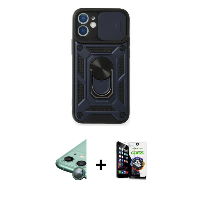 MARSİLYAN™- iPhone 12 Mini Kılıf Ahenk Klasik - Şeffaf Temperli Cam Ekran Koruyucu + Raze Metal Kamera Lens - YL