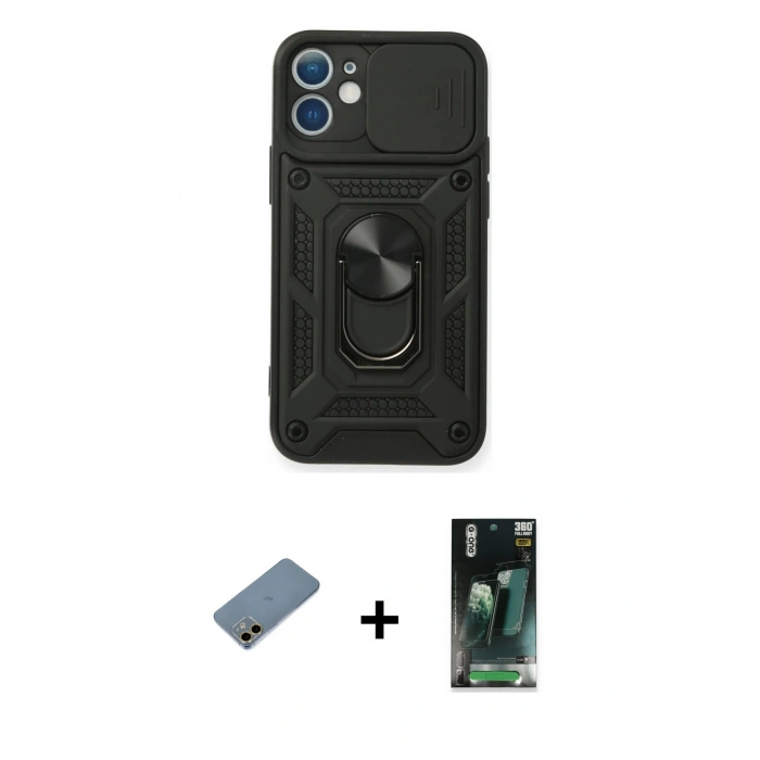 MARSİLYAN™- iPhone 12 Mini Kılıf Ahenk Klasik - Siyah 360 Mat Full Body Arka Koruyucu + Shine Kamera Lens Koruma Cam - GD