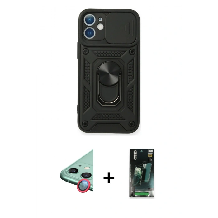 MARSİLYAN™- iPhone 12 Mini Kılıf Ahenk Klasik - Siyah 360 Mat Full Body Arka Koruyucu + Raze Metal Kamera Lens - KI