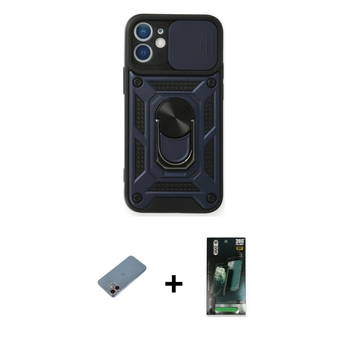 MARSİLYAN™- iPhone 12 Mini Kılıf Ahenk Klasik - Siyah 360 Mat Full Body Arka Koruyucu + Shine Kamera Lens Koruma Cam - PE