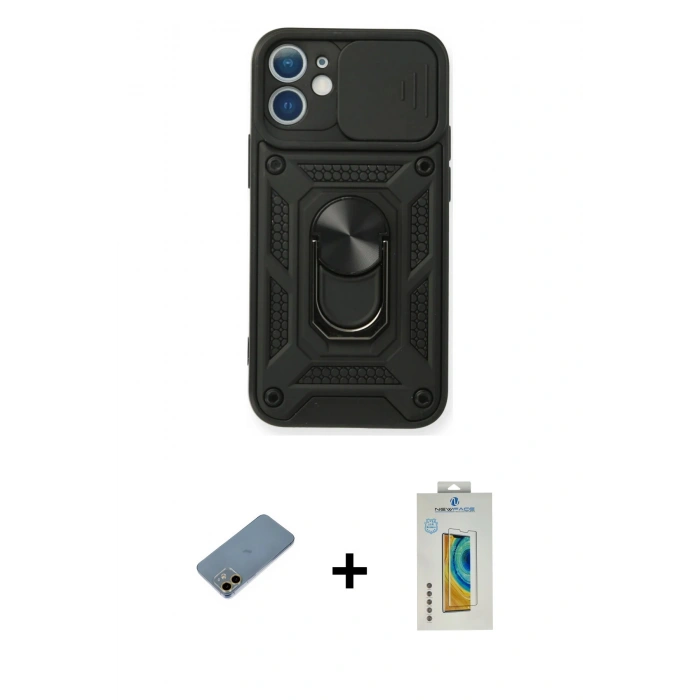 MARSİLYAN™- iPhone 12 Mini Kılıf Ahenk Klasik - Siyah Polymer Nano Ekran Koruyucu + Shine Kamera Lens Koruma Cam - GD