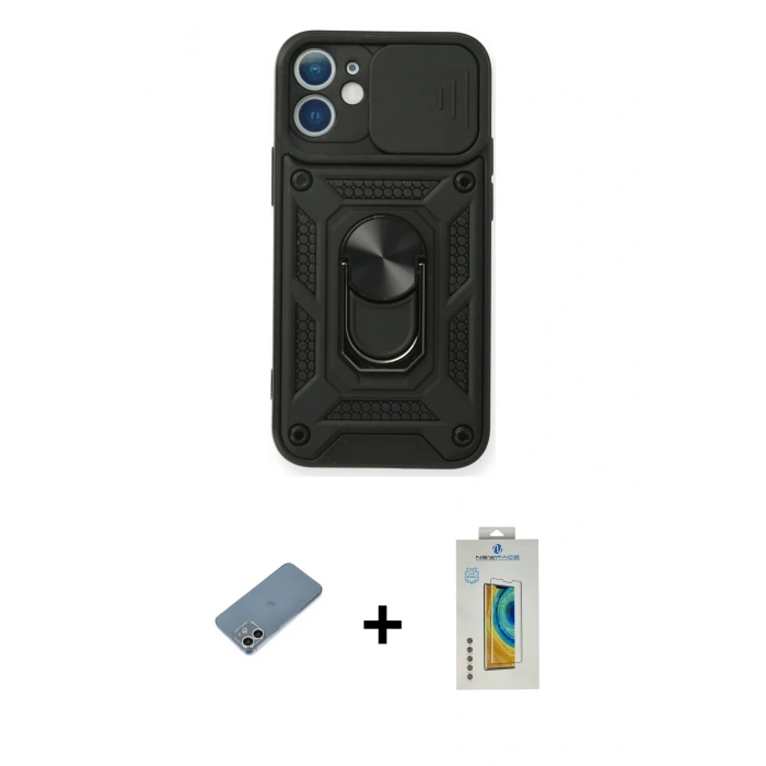 MARSİLYAN™- iPhone 12 Mini Kılıf Ahenk Klasik - Siyah Polymer Nano Ekran Koruyucu + Shine Kamera Lens Koruma Cam - GS