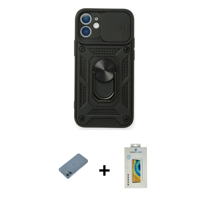 MARSİLYAN™- iPhone 12 Mini Kılıf Ahenk Klasik - Siyah Polymer Nano Ekran Koruyucu + Shine Kamera Lens Koruma Cam - MI