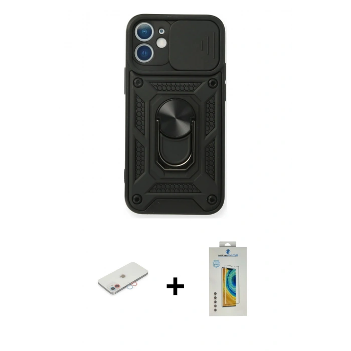MARSİLYAN™- iPhone 12 Mini Kılıf Ahenk Klasik - Siyah Polymer Nano Ekran Koruyucu + Pembe Renkli Kamera Lens Koruma Cam
