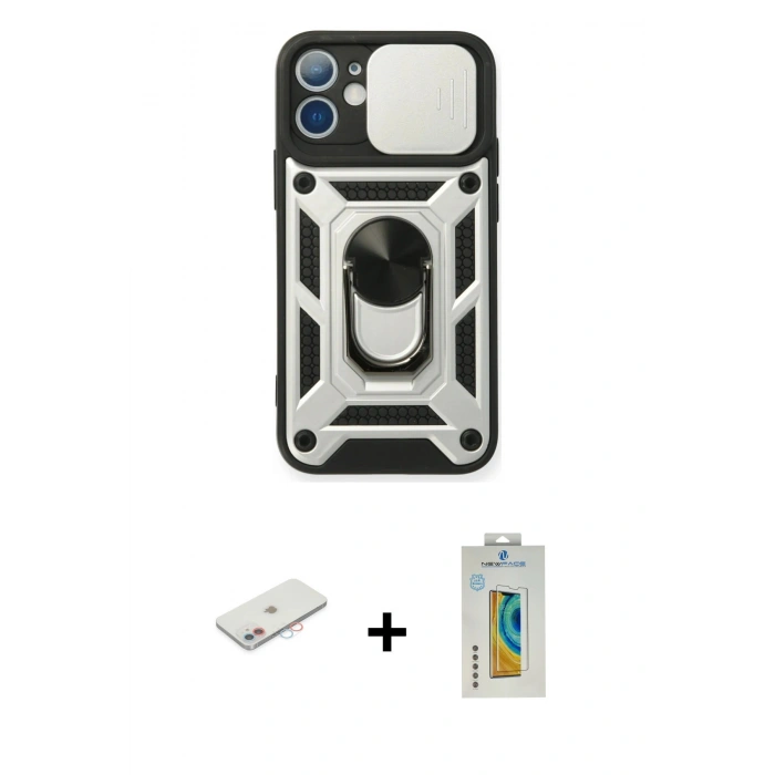 MARSİLYAN™- iPhone 12 Mini Kılıf Ahenk Klasik - Siyah Polymer Nano Ekran Koruyucu + Pembe Renkli Kamera Lens Koruma Cam