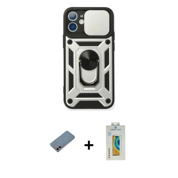 MARSİLYAN™- iPhone 12 Mini Kılıf Ahenk Klasik - Siyah Polymer Nano Ekran Koruyucu + Shine Kamera Lens Koruma Cam - PE