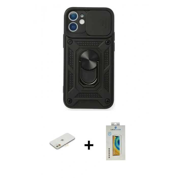 MARSİLYAN™- iPhone 12 Mini Kılıf Ahenk Klasik - Siyah Polymer Nano Ekran Koruyucu + Renkli Kamera Lens Koruma Cam - TU