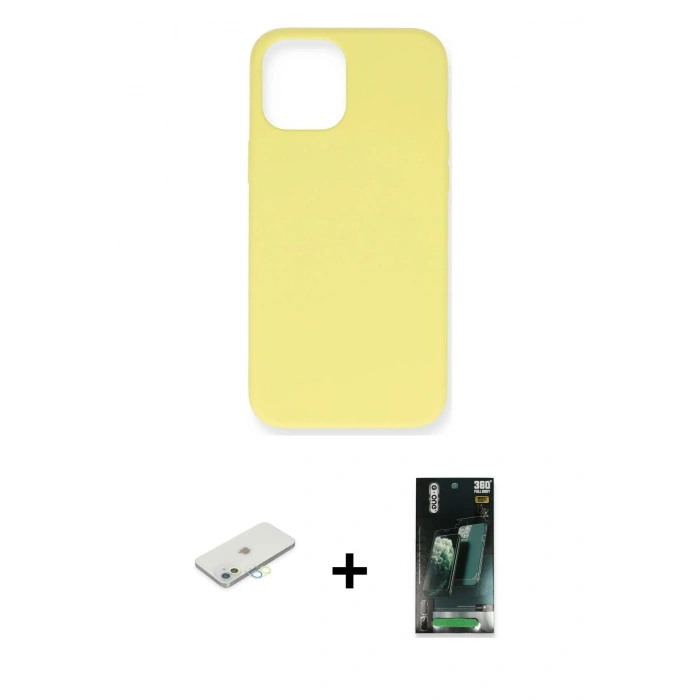 MARSİLYAN™- iPhone 12 Mini Kılıf Ahenk Serisi - Siyah 360 Mat Full Body Arka Koruyucu + Renkli Kamera Lens Koruma Cam - SI