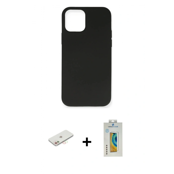MARSİLYAN™- iPhone 12 Mini Kılıf Ahenk Serisi - Siyah Polymer Nano Ekran Koruyucu + Renkli Kamera Lens Koruma Cam - YL