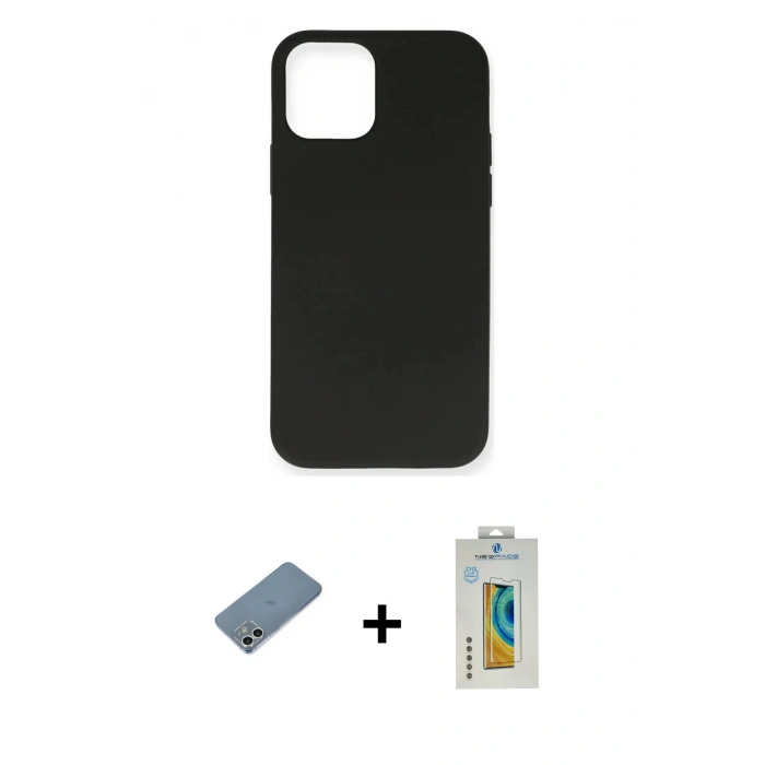 MARSİLYAN™- iPhone 12 Mini Kılıf Ahenk Serisi - Siyah Polymer Nano Ekran Koruyucu + Shine Kamera Lens Koruma Cam - GS