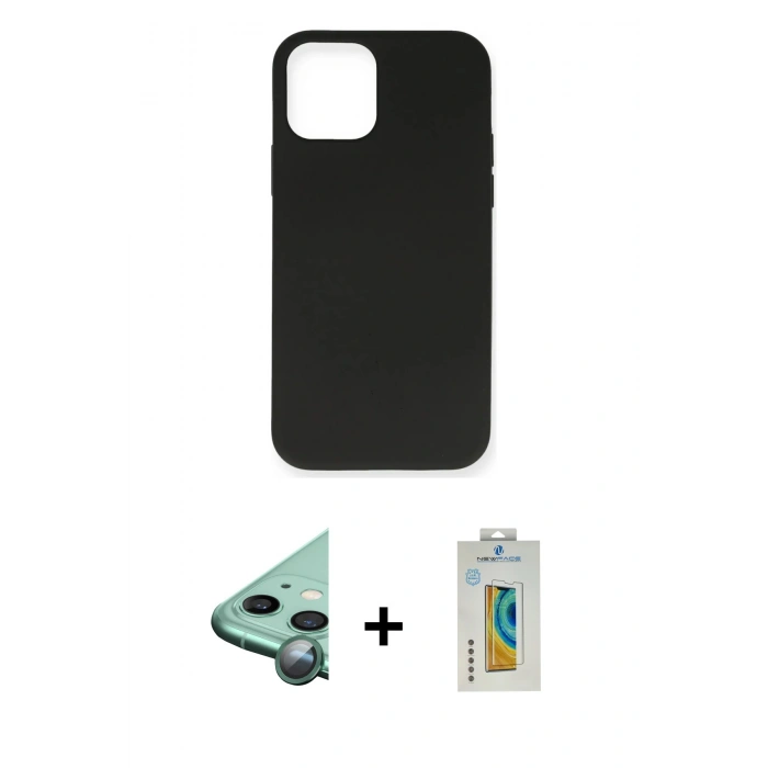 MARSİLYAN™- iPhone 12 Mini Kılıf Ahenk Serisi - Siyah Polymer Nano Ekran Koruyucu + Raze Metal Kamera Lens - YL