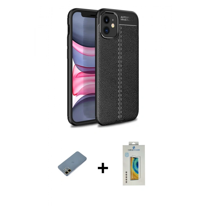 MARSİLYAN™- iPhone 12 Mini Kılıf Doruk Klasik Özel Seri - Siyah Polymer Nano Ekran Koruyucu + Shine Kamera Lens Koruma Cam - GD