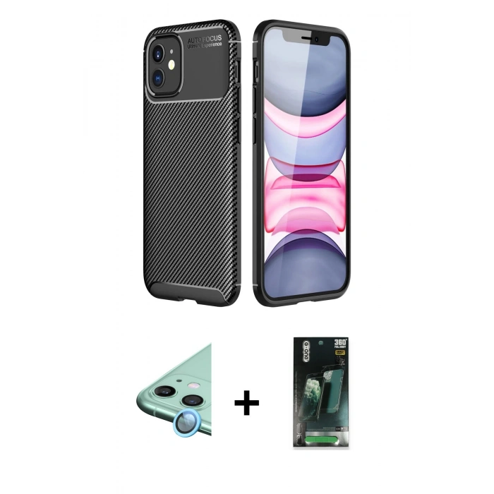 MARSİLYAN™- iPhone 12 Mini Kılıf Eksen Form Prime - Şeffaf 360 Full Body Arka Koruyucu + Mavi Raze Metal Kamera Lens