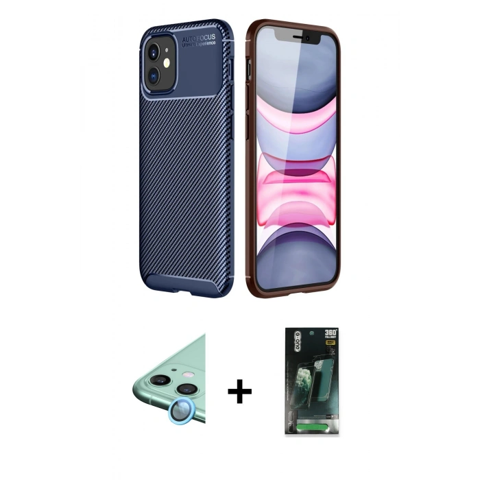 MARSİLYAN™- iPhone 12 Mini Kılıf Eksen Form Prime - Şeffaf 360 Full Body Arka Koruyucu + Mavi Raze Metal Kamera Lens
