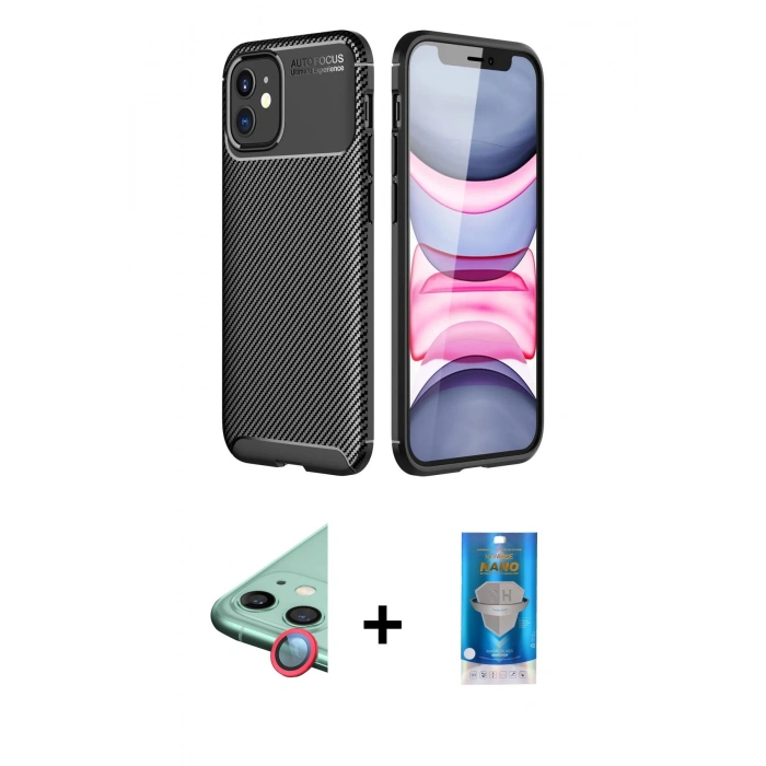 MARSİLYAN™- iPhone 12 Mini Kılıf Eksen Form Prime - Şeffaf Royal Nano Ekran Koruyucu + Raze Metal Kamera Lens - KI
