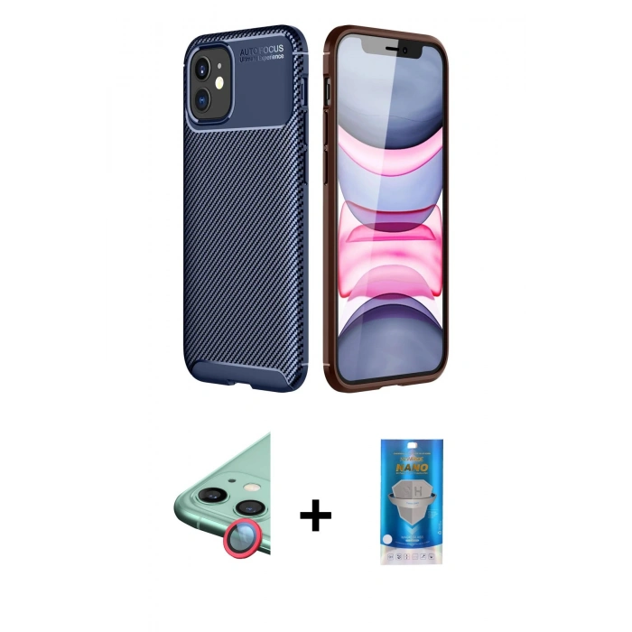 MARSİLYAN™- iPhone 12 Mini Kılıf Eksen Form Prime - Şeffaf Royal Nano Ekran Koruyucu + Raze Metal Kamera Lens - KI