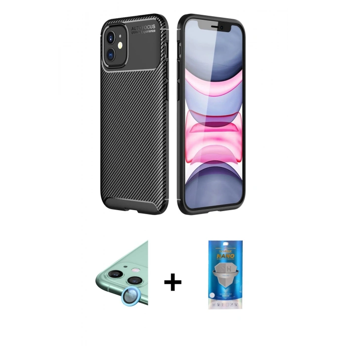 MARSİLYAN™- iPhone 12 Mini Kılıf Eksen Form Prime - Şeffaf Royal Nano Ekran Koruyucu + Raze Metal Kamera Lens - MI