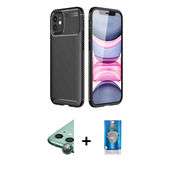 MARSİLYAN™- iPhone 12 Mini Kılıf Eksen Form Prime - Şeffaf Royal Nano Ekran Koruyucu + Raze Metal Kamera Lens - YL