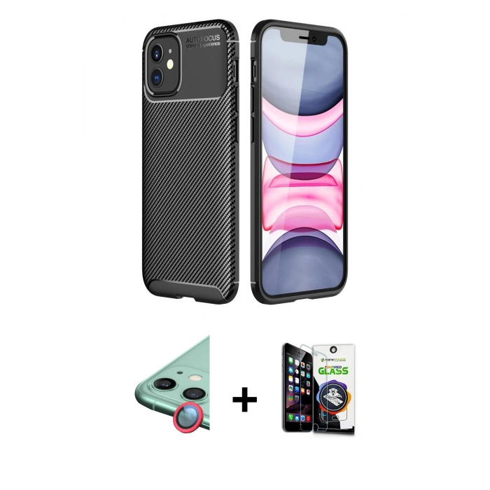 MARSİLYAN™- iPhone 12 Mini Kılıf Eksen Form Prime - Şeffaf Temperli Cam Ekran Koruyucu + Raze Metal Kamera Lens - KI