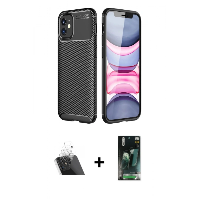 MARSİLYAN™- iPhone 12 Mini Kılıf Eksen Form Prime - Siyah 360 Mat Full Body Arka Koruyucu + Kamera Lens Koruma Cam - SF