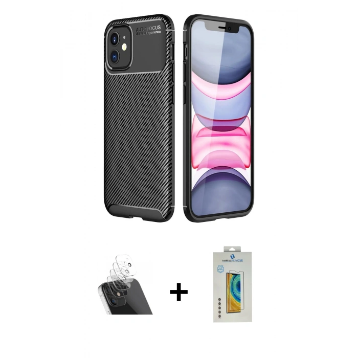 MARSİLYAN™- iPhone 12 Mini Kılıf Eksen Form Prime - Siyah Polymer Nano Ekran Koruyucu + Kamera Lens Koruma Cam - SF