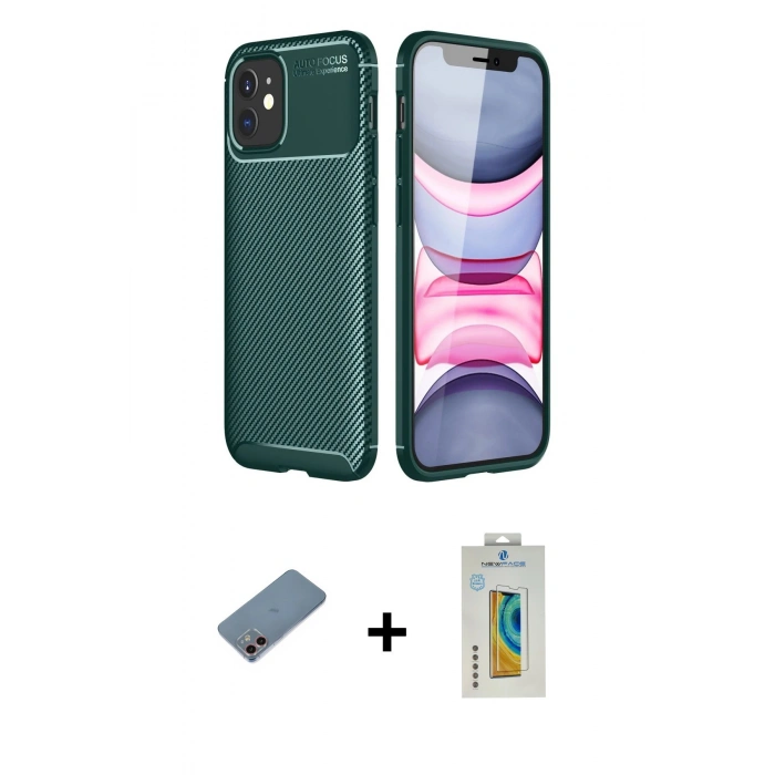 MARSİLYAN™- iPhone 12 Mini Kılıf Eksen Form Prime - Siyah Polymer Nano Ekran Koruyucu + Shine Kamera Lens Koruma Cam - PE