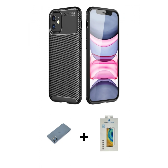 MARSİLYAN™- iPhone 12 Mini Kılıf Eksen Form Prime - Siyah Polymer Nano Ekran Koruyucu + Shine Kamera Lens Koruma Cam - MI