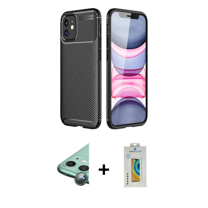 MARSİLYAN™- iPhone 12 Mini Kılıf Eksen Form Prime - Siyah Polymer Nano Ekran Koruyucu + Raze Metal Kamera Lens - YL