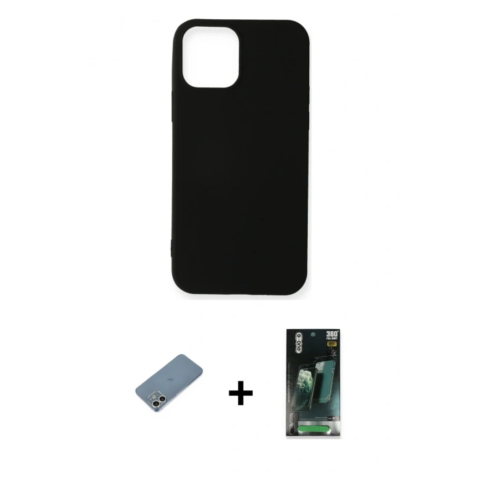 MARSİLYAN™- iPhone 12 Mini Kılıf Kozmos Yansıma Özel Seri - Siyah 360 Mat Full Body Arka Koruyucu + Shine Kamera Lens Koruma Cam - GS