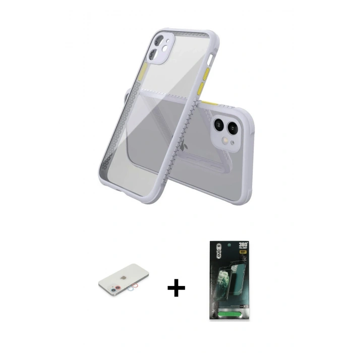 MARSİLYAN™- iPhone 12 Mini Kılıf Nova Asil Özel Seri - Şeffaf 360 Full Body Arka Koruyucu + Renkli Kamera Lens Koruma Cam - PE