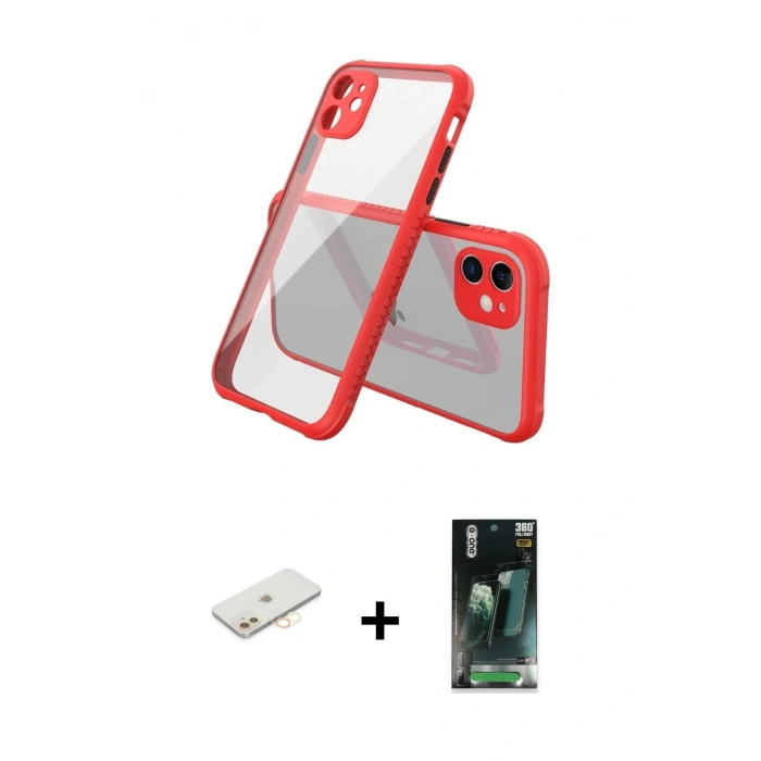MARSİLYAN™- iPhone 12 Mini Kılıf Nova Asil Özel Seri - Şeffaf 360 Full Body Arka Koruyucu + Renkli Kamera Lens Koruma Cam - SI