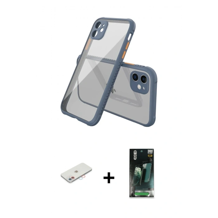 MARSİLYAN™- iPhone 12 Mini Kılıf Nova Asil Özel Seri - Şeffaf 360 Full Body Arka Koruyucu + Renkli Kamera Lens Koruma Cam - PE