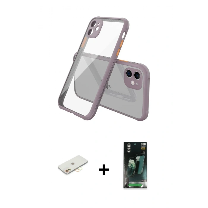 MARSİLYAN™- iPhone 12 Mini Kılıf Nova Asil Özel Seri - Şeffaf 360 Full Body Arka Koruyucu + Renkli Kamera Lens Koruma Cam - SI