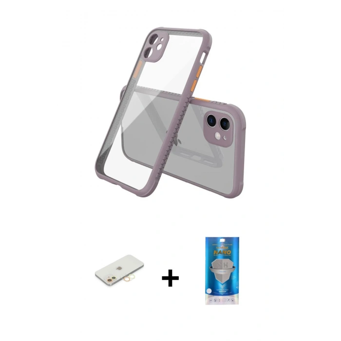 MARSİLYAN™- iPhone 12 Mini Kılıf Nova Asil Özel Seri - Şeffaf Royal Nano Ekran Koruyucu + Renkli Kamera Lens Koruma Cam - SI