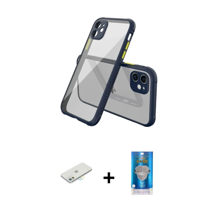 MARSİLYAN™- iPhone 12 Mini Kılıf Nova Asil Özel Seri - Şeffaf Royal Nano Ekran Koruyucu + Renkli Kamera Lens Koruma Cam - SI