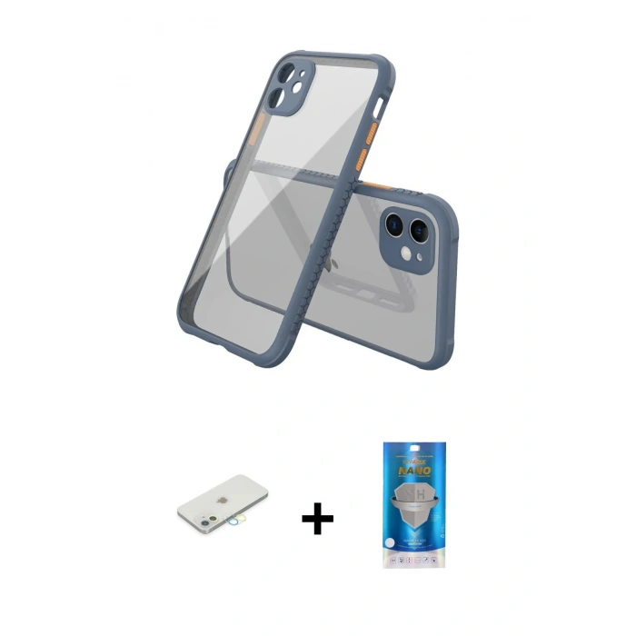 MARSİLYAN™- iPhone 12 Mini Kılıf Nova Asil Özel Seri - Şeffaf Royal Nano Ekran Koruyucu + Renkli Kamera Lens Koruma Cam - SI
