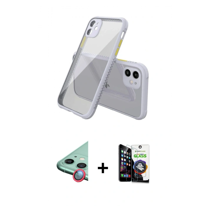 MARSİLYAN™- iPhone 12 Mini Kılıf Nova Asil Özel Seri - Şeffaf Temperli Cam Ekran Koruyucu + Kırmızı Raze Metal Kamera Lens