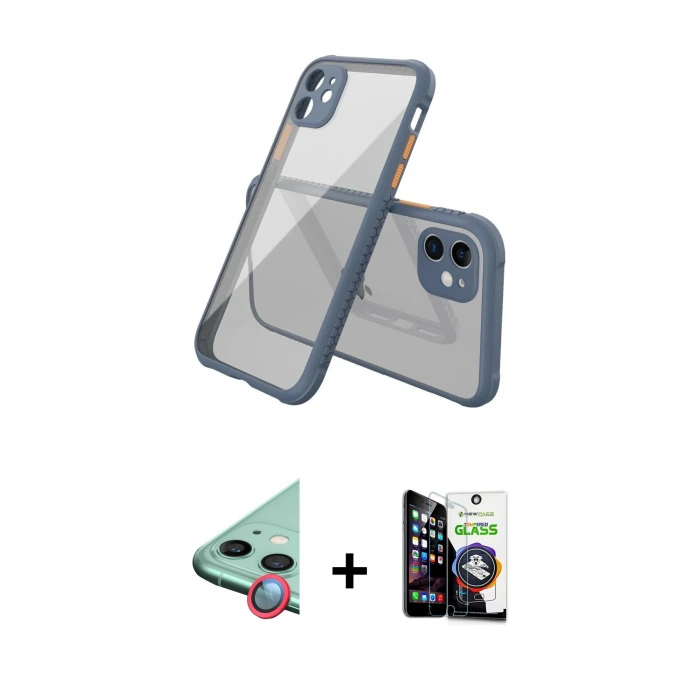 MARSİLYAN™- iPhone 12 Mini Kılıf Nova Asil Özel Seri - Şeffaf Temperli Cam Ekran Koruyucu + Kırmızı Raze Metal Kamera Lens