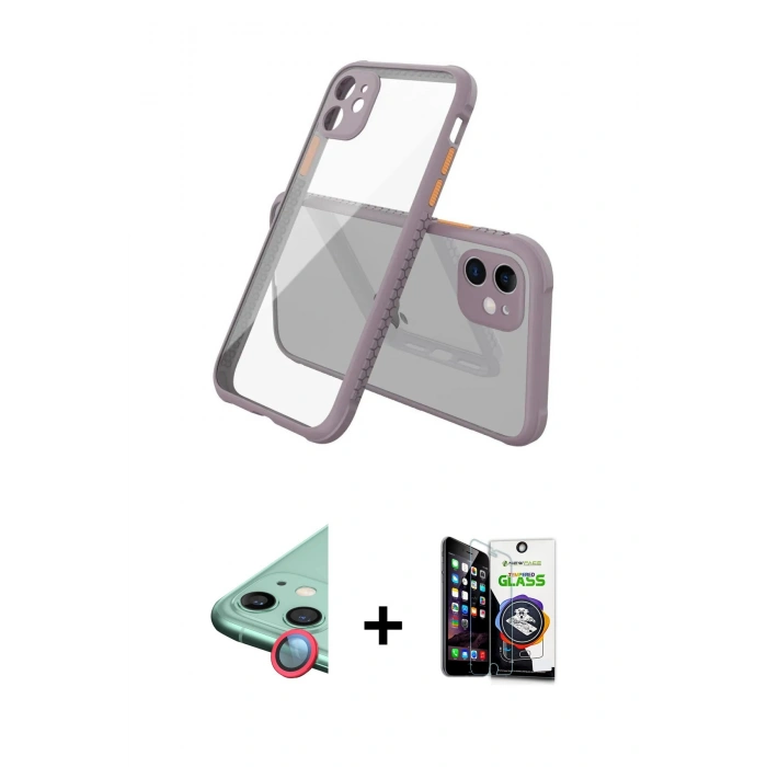 MARSİLYAN™- iPhone 12 Mini Kılıf Nova Asil Özel Seri - Şeffaf Temperli Cam Ekran Koruyucu + Kırmızı Raze Metal Kamera Lens