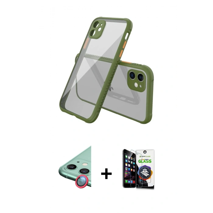 MARSİLYAN™- iPhone 12 Mini Kılıf Nova Asil Özel Seri - Şeffaf Temperli Cam Ekran Koruyucu + Kırmızı Raze Metal Kamera Lens