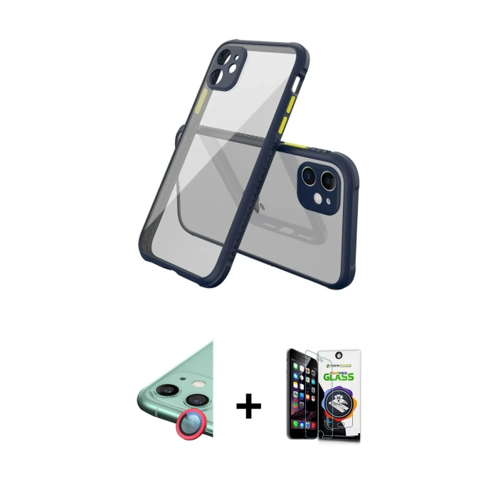 MARSİLYAN™- iPhone 12 Mini Kılıf Nova Asil Özel Seri - Şeffaf Temperli Cam Ekran Koruyucu + Kırmızı Raze Metal Kamera Lens