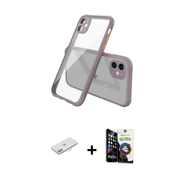 MARSİLYAN™- iPhone 12 Mini Kılıf Nova Asil Özel Seri - Şeffaf Temperli Cam Ekran Koruyucu + Pembe Renkli Kamera Lens Koruma Cam