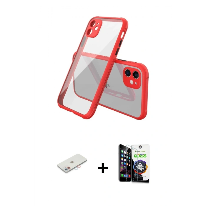 MARSİLYAN™- iPhone 12 Mini Kılıf Nova Asil Özel Seri - Şeffaf Temperli Cam Ekran Koruyucu + Pembe Renkli Kamera Lens Koruma Cam