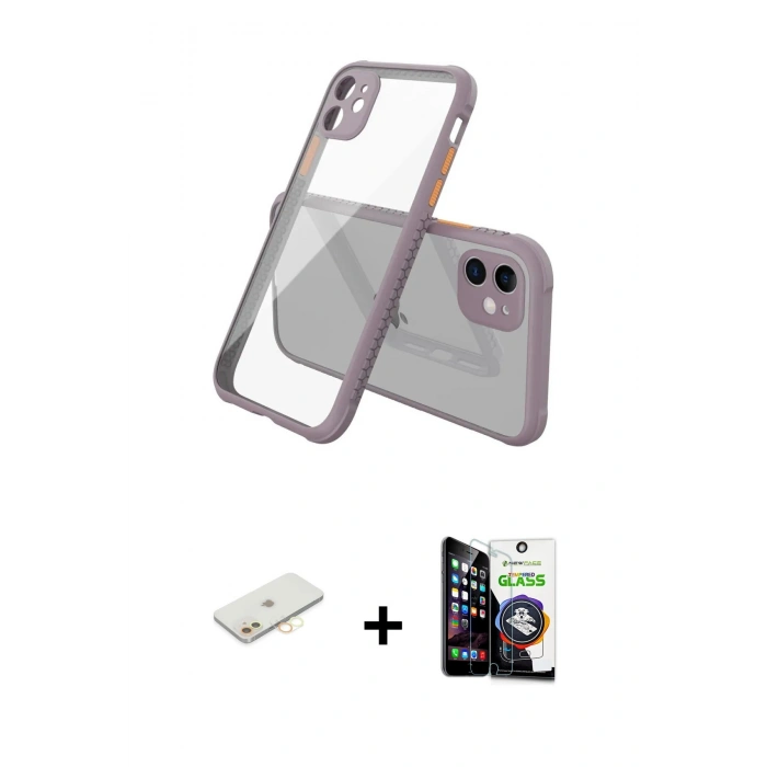 MARSİLYAN™- iPhone 12 Mini Kılıf Nova Asil Özel Seri - Şeffaf Temperli Cam Ekran Koruyucu + Renkli Kamera Lens Koruma Cam - SI
