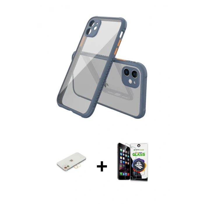 MARSİLYAN™- iPhone 12 Mini Kılıf Nova Asil Özel Seri - Şeffaf Temperli Cam Ekran Koruyucu + Sarı Renkli Kamera Lens Koruma Cam