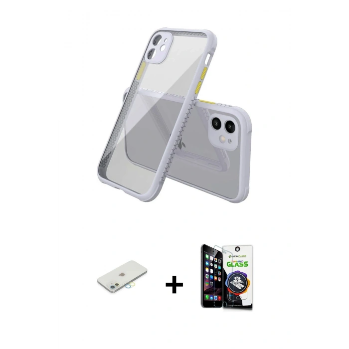 MARSİLYAN™- iPhone 12 Mini Kılıf Nova Asil Özel Seri - Şeffaf Temperli Cam Ekran Koruyucu + Sarı Renkli Kamera Lens Koruma Cam