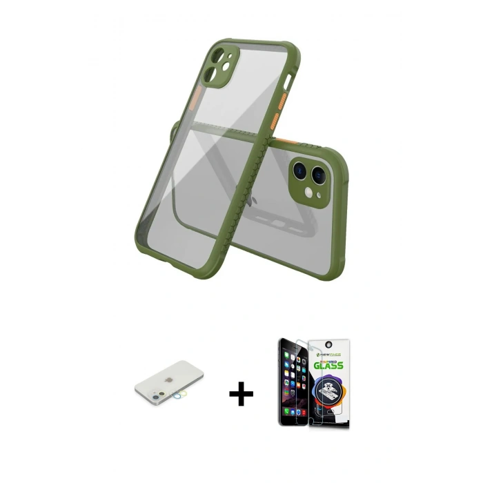 MARSİLYAN™- iPhone 12 Mini Kılıf Nova Asil Özel Seri - Şeffaf Temperli Cam Ekran Koruyucu + Sarı Renkli Kamera Lens Koruma Cam