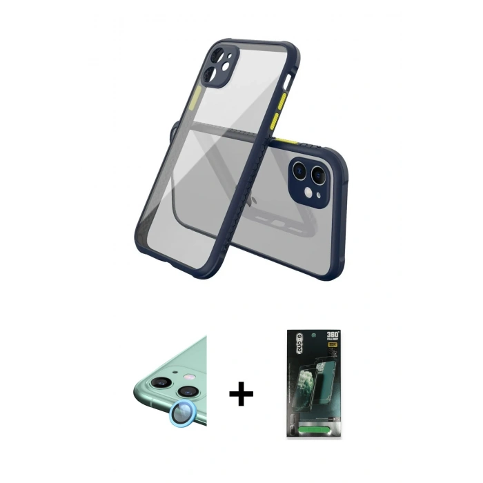 MARSİLYAN™- iPhone 12 Mini Kılıf Nova Asil Özel Seri - Siyah 360 Mat Full Body Arka Koruyucu + Raze Metal Kamera Lens - MI