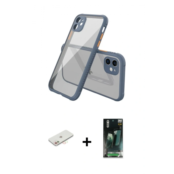 MARSİLYAN™- iPhone 12 Mini Kılıf Nova Asil Özel Seri - Siyah 360 Mat Full Body Arka Koruyucu + Renkli Kamera Lens Koruma Cam - YL